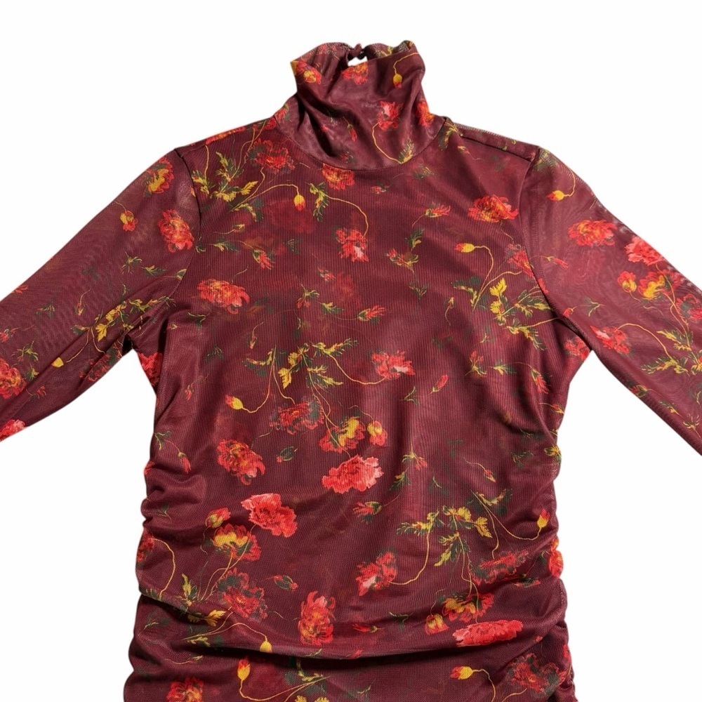 Cinq à Sept Falling Poppies Shirred Mesh Turtleneck | Floral Sheer | XS - Picture 4 of 13